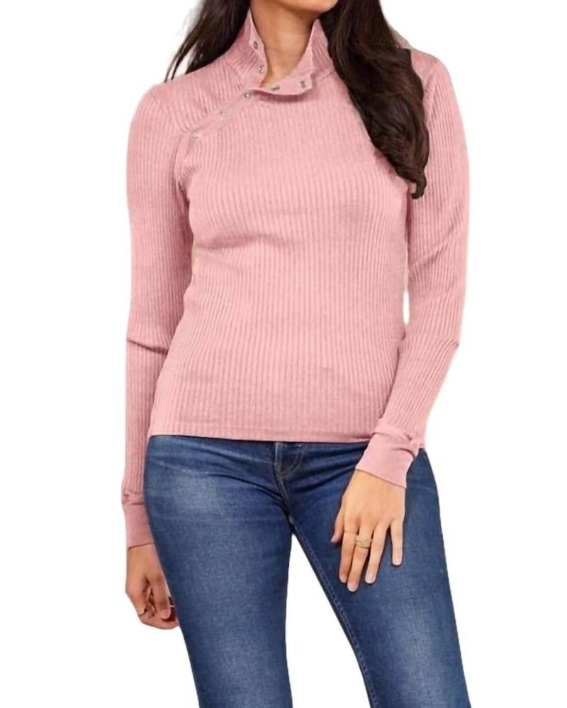 Front of a model wearing a size L Andre Long Sleeve Snap Turtleneck Top in Pink Quartz in Pink Quartz by LAmade. | dia_product_style_image_id:344696